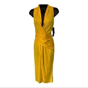 Rachel Roy yellow sleeveless faux wrap Grecian goddess midi dress size medium